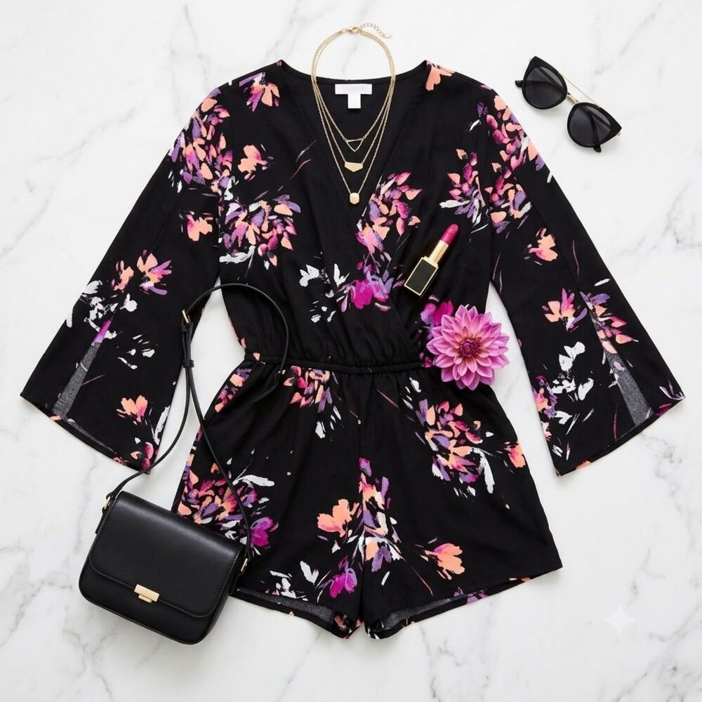 Arizona Floral Wrap Romper Bell Split Sleeve Black Pink Size L Large